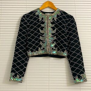 A.J. Bari Elegant Black Silk beaded cropped jacket Size 4